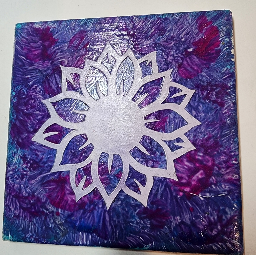 Handcrafted Purple and Blue Abstract Art On Ceramic Tile - Picture 2 of 4